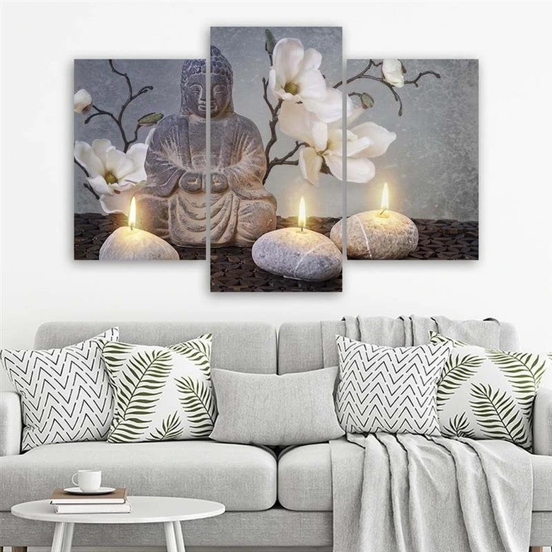 Leinwandbild 3-teilig, Buddha Orchidee Blumen Natur 