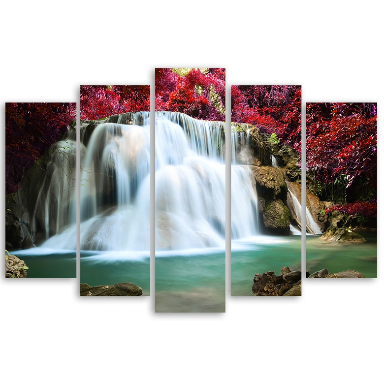 Leinwandbild 5 teilig, Wasserfall Wald Berg 
