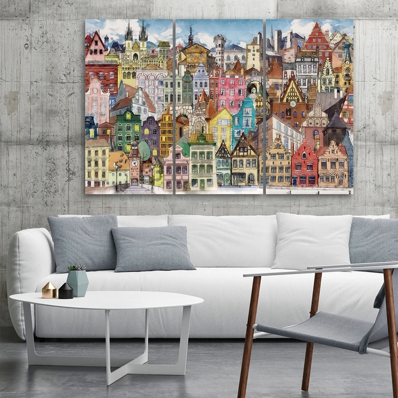 3 stykke lærredstryk, Happy City 