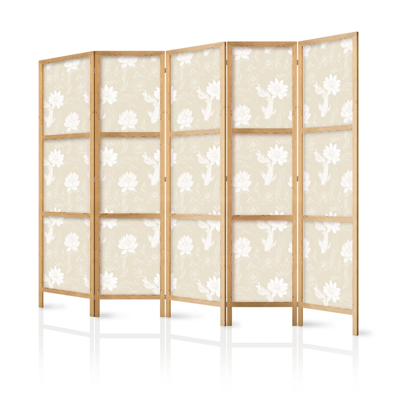 Japanischer Paravent, Raumteiler freistehend, Trennwand - Fish and Water Lilies: Sand-Beige Background 
