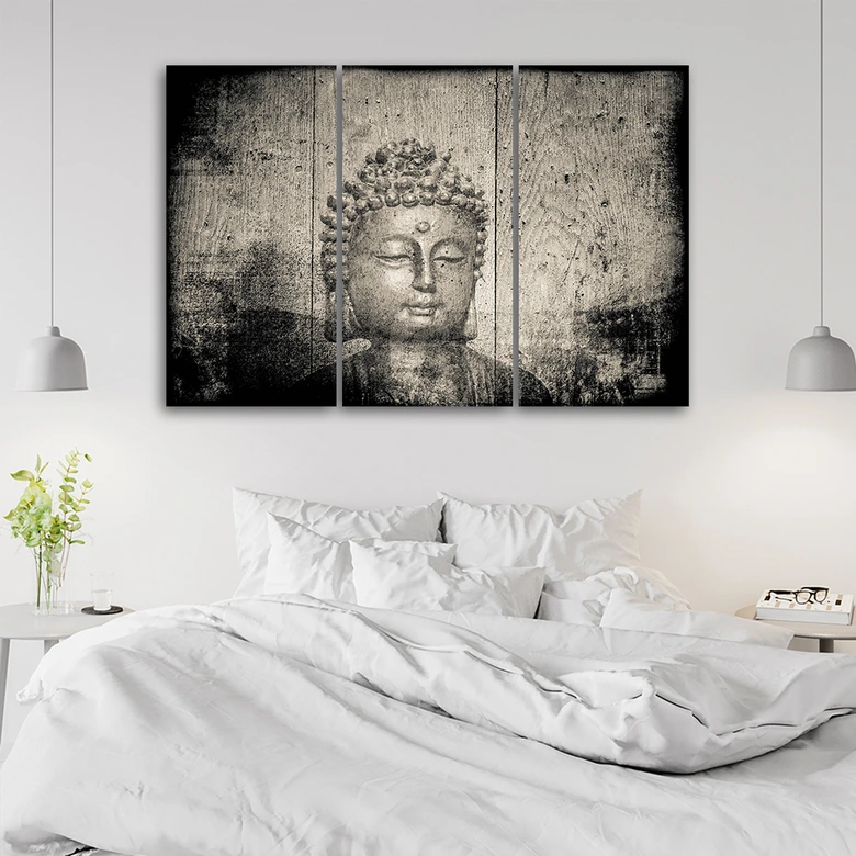 3 stykke lærredstryk, Buddha Zen Feng Shui grå 