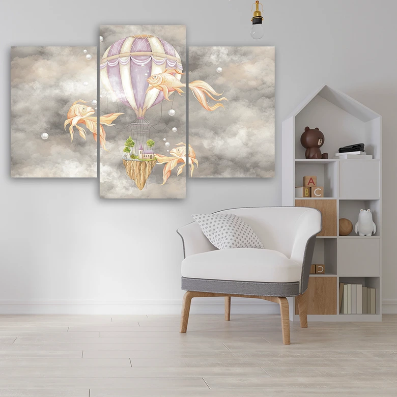 Leinwandbild 3 teilig, Heißluftballon fliegendes Haus und Fisch 