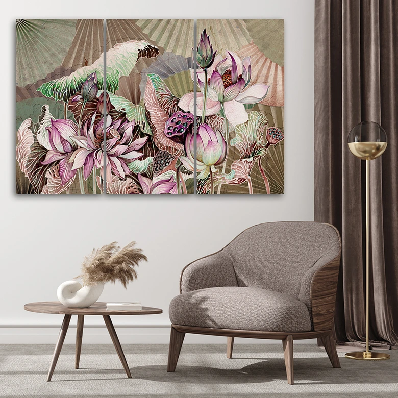 Leinwandbild 3 teilig, Heilige Lotos und Fanter 