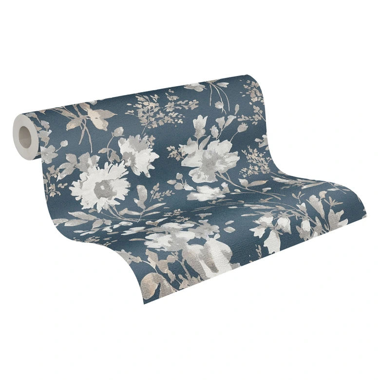 COSMOPOLITAN Papier peint intissé floral aquarelle bleu-gris blanc - papier peint fleuri moderne 