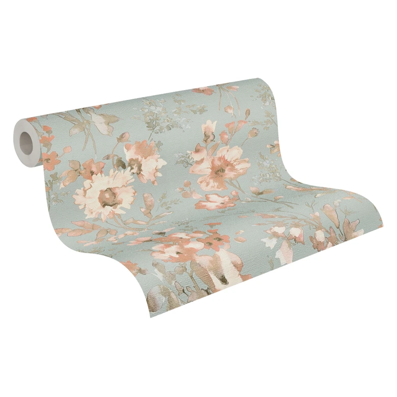 COSMOPOLITAN papier peint vintage aquarelle fleurs abricot bleu - papier peint intissé pastel 