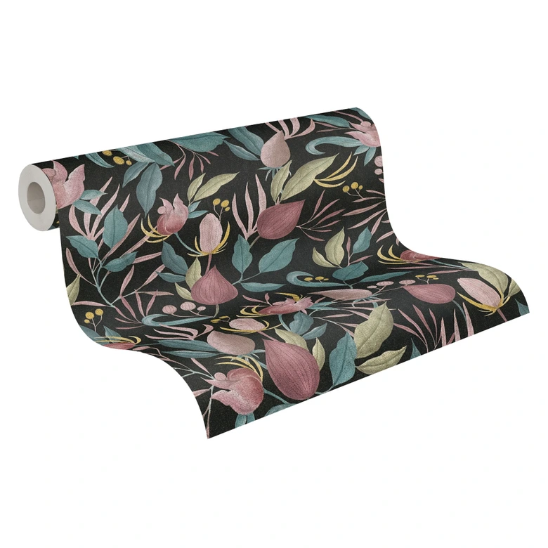 COSMOPOLITAN Blüten Tapeten Design Schwarz Rosa - Botanische Vliestapete modern 