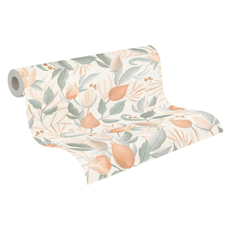 COSMOPOLITAN Blumen Trend-Tapete Creme Apricot - Vliestapete Blüten und Blätter 