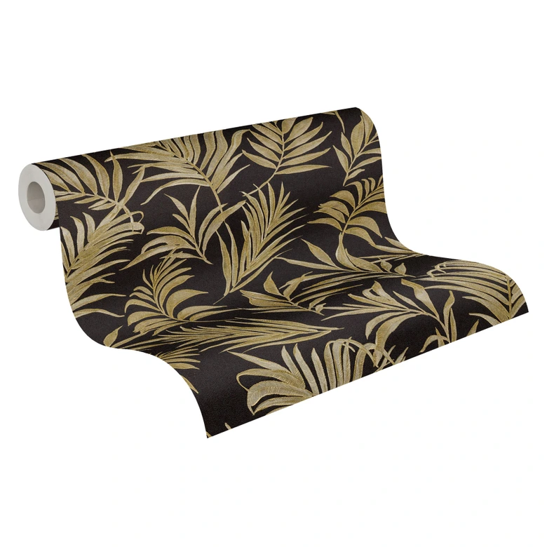 COSMOPOLITAN papier peint noir or motif feuilles - papier peint intissé luxueux salon 