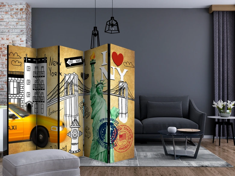 Paravent, Raumteiler freistehend, Trennwand - Einbahnstraße - New York , 5-teilig - 225x172 cm 
