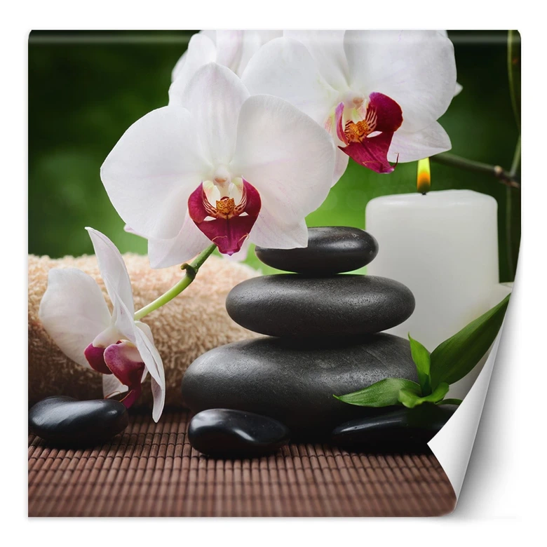 Fototapete, Orchidee Kerze und Zen-Steine im SPA 