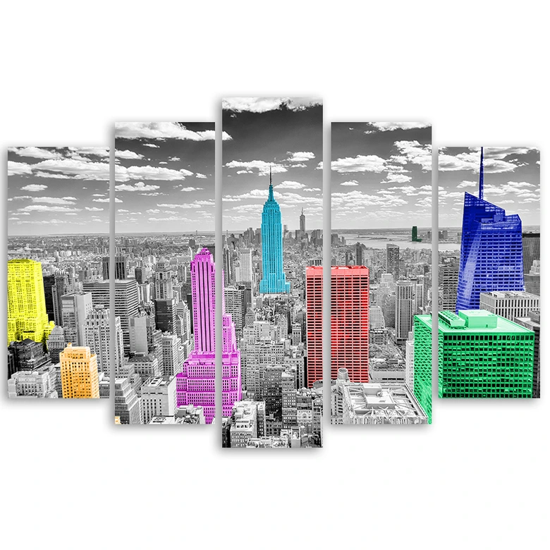 Wandbild 5-teilig, Bunte New York Stadt Panorama 