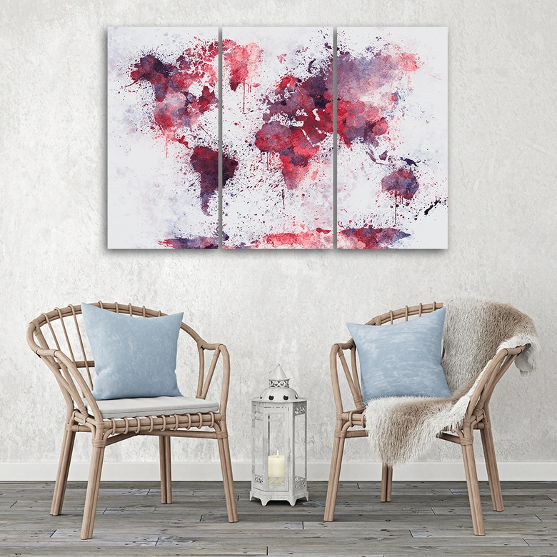 Leinwandbild 3-teilig, Weltkarte Rot 