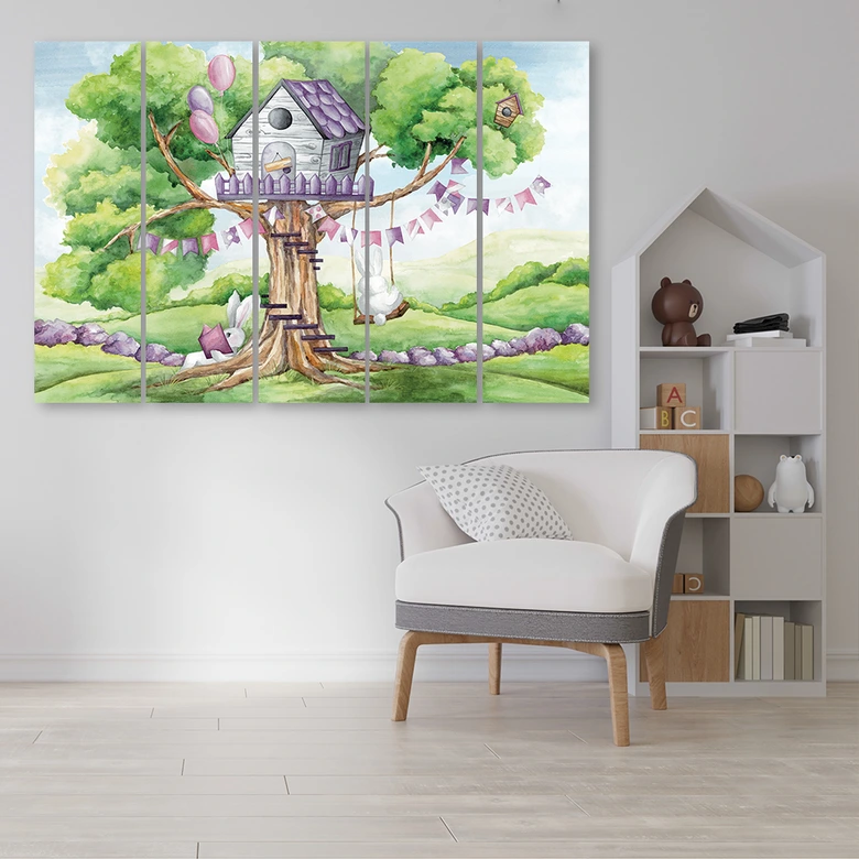 Leinwandbild 5 teilig, Weiße Kaninchen Hütte auf dem Baum 