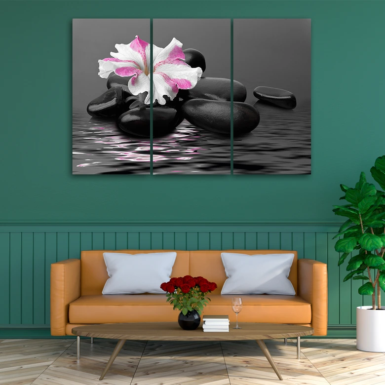 Leinwandbild 3-teilig, Rosa Zen-Blütensteine 