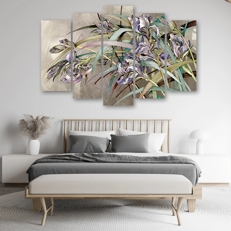 Leinwandbild 5 teilig, Iris Blumen im Wind 