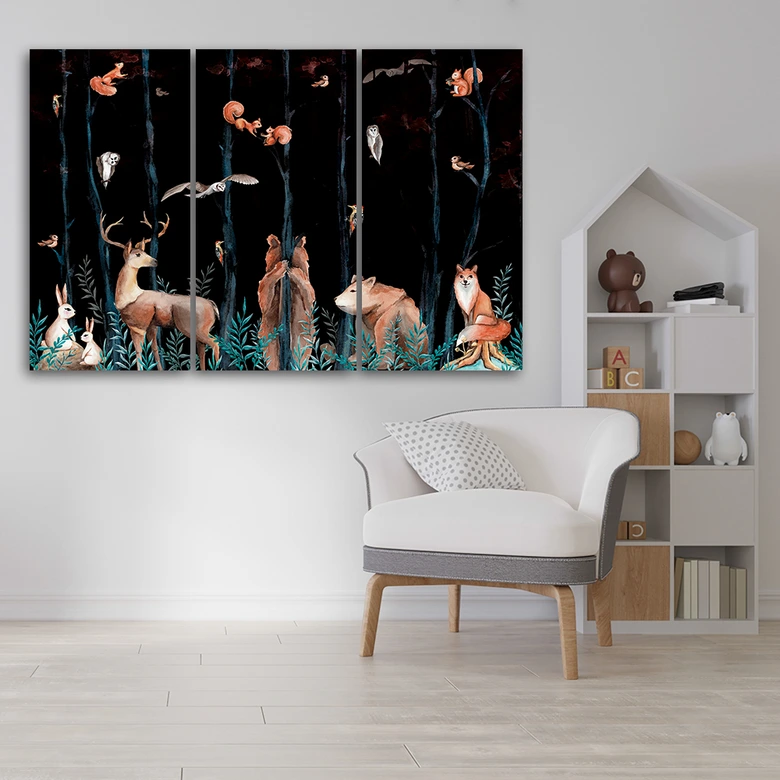 Leinwandbild 3 teilig, Waldtiere Hirschbär Fuchs 