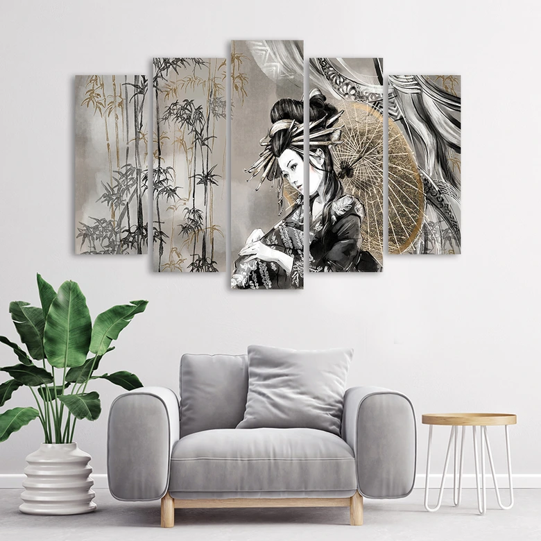 Leinwandbild 5 teilig, Geisha und Bambus 