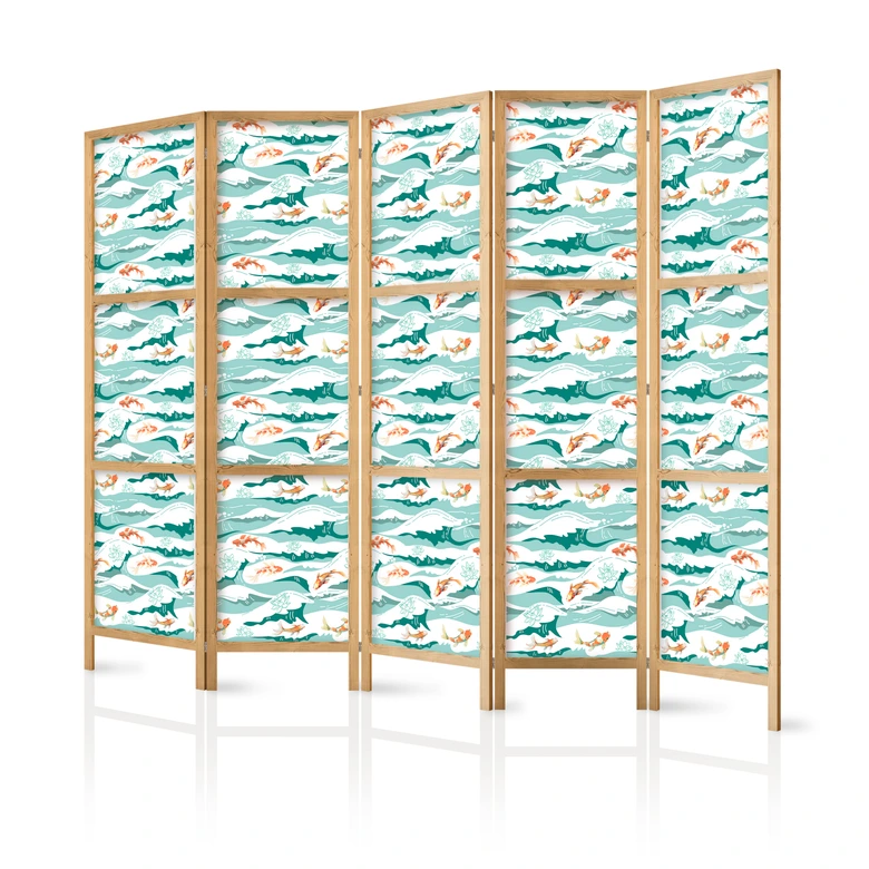 Japanischer Paravent, Raumteiler freistehend, Trennwand - Fish Jumping Over Waves 