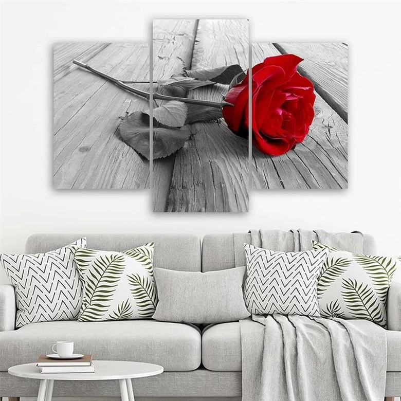 Leinwandbild 3-teilig, Rose Blumen Holz Steg 