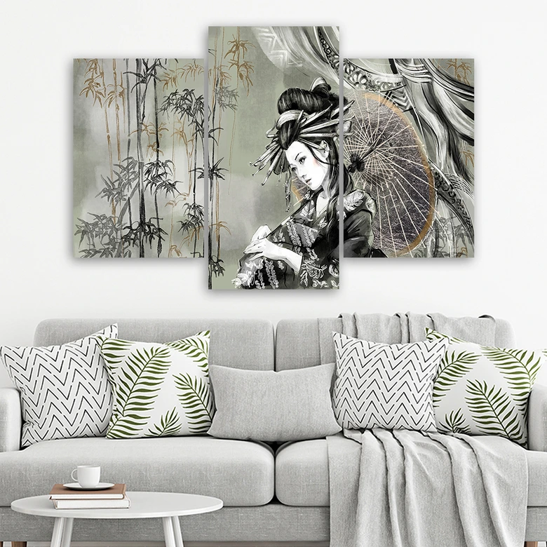 Leinwandbild 3 teilig, Geisha und Bambus 