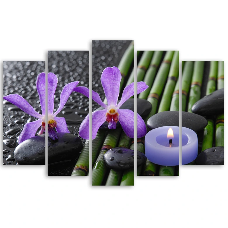 Leinwandbild 5 teilig, Bambus Zen Blume Kerze 