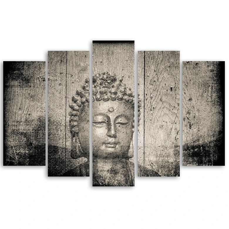 Leinwandbild 5 teilig, Buddha Zen Feng Shui Grau 