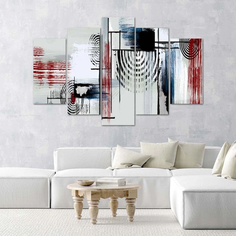 Leinwandbild 5 teilig, Abstrakt Rot Grau 