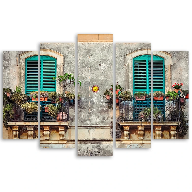Leinwandbild 5 teilig, Straße Italien Fenster Blumen 