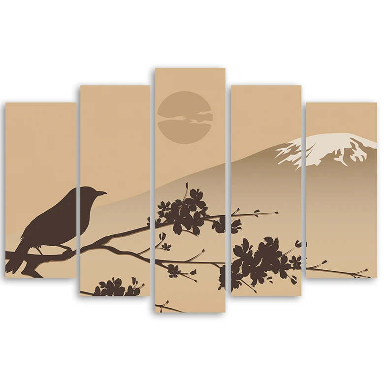 Leinwandbild 5 teilig, Japan Fuji Vogel Beige 