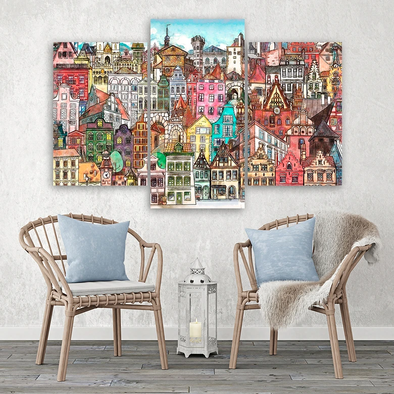 Leinwandbild 3 teilig, Fröhliche Stadt 