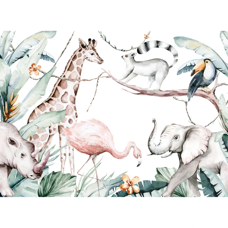 Dieren SafariFriends behang in wit groen - vliesbehang Designwalls 2 - 2,55 x 3,5 m 