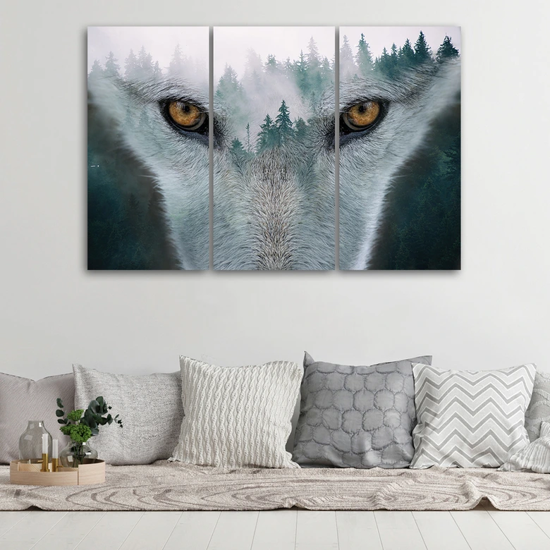 3-delige canvas print, Wolf Bos Mist Natuur Bomen 