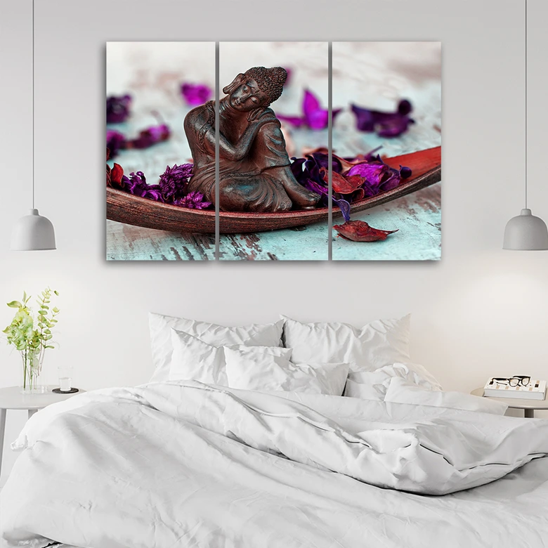 Leinwandbild 3-teilig, Buddha Zen Blumen  