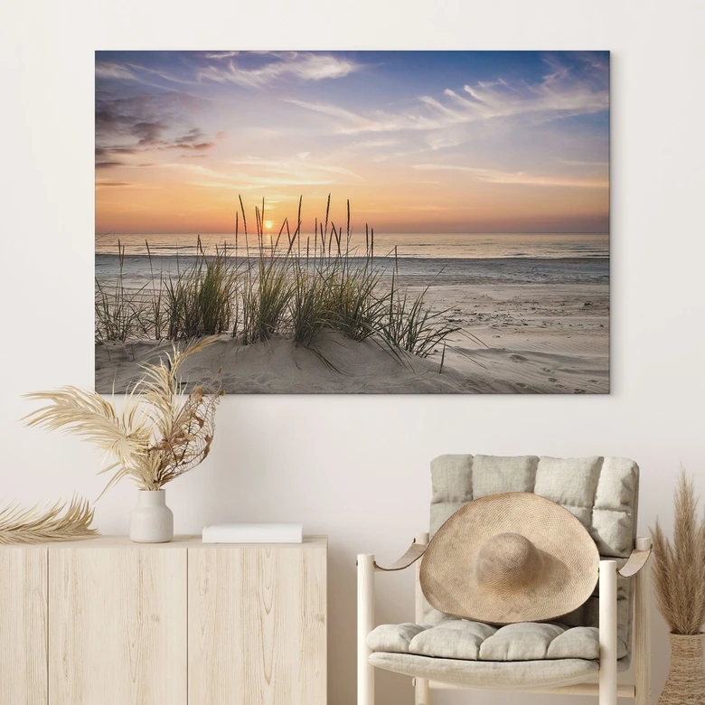 Wandbild Düne am Strand bei Sonnenuntergang - Alu-Dibond 
