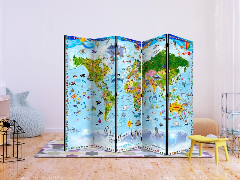 Paravent, Raumteiler freistehend, Trennwand - Weltkarte für Kinder , 5-teilig - 225x172 cm 