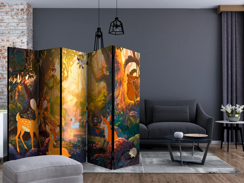 Paravent, Raumteiler freistehend, Trennwand - Tiere im Wald , 5-teilig - 225x172 cm 