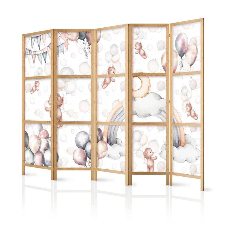 Japanischer Paravent, Raumteiler freistehend, Trennwand - Plush Bears with Balloons - Pastel Colors 
