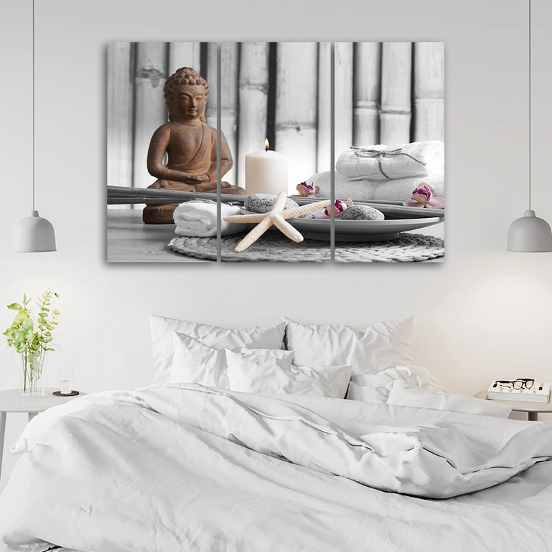 3-delige canvas print, Boeddha Zen Spa grijs 