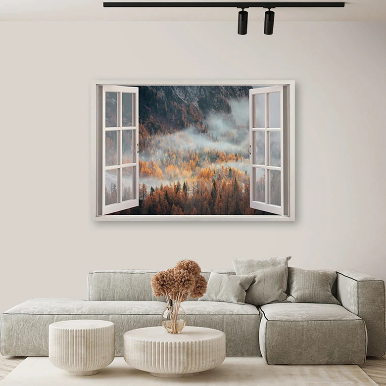 Canvas schilderij, venster uitzicht bos in de mist bergen 