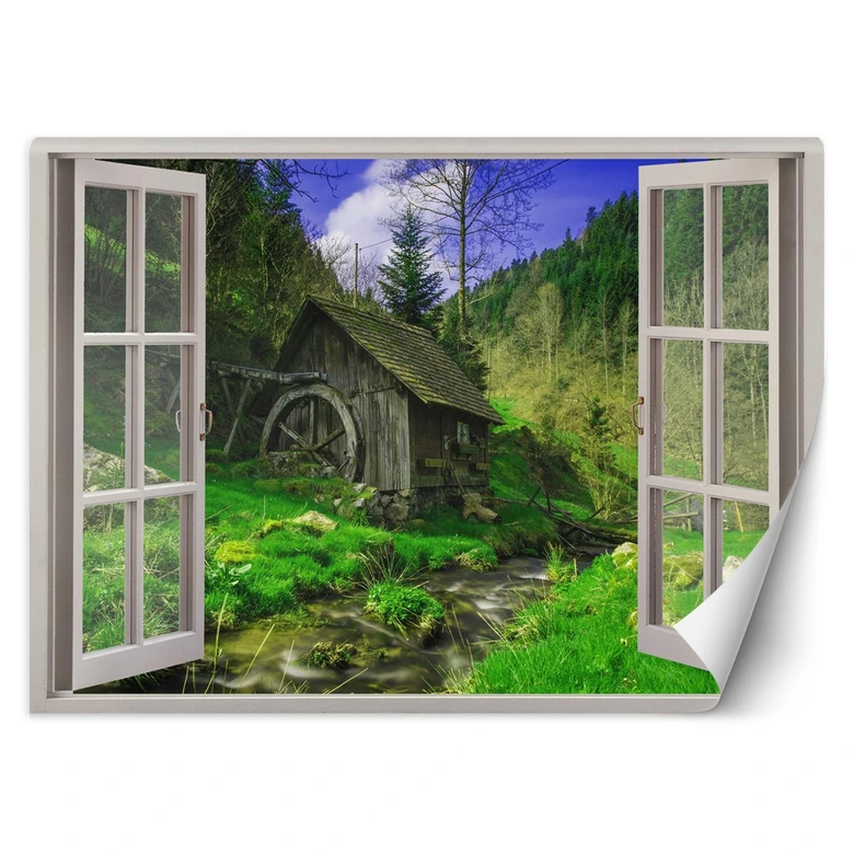Fototapete Fenster - Blick auf eine Hütte im Wald 