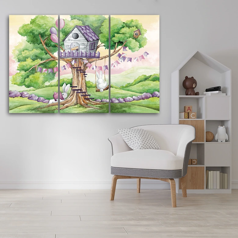 Leinwandbild 3 teilig, Weiße Kaninchen Hütte auf dem Baum 