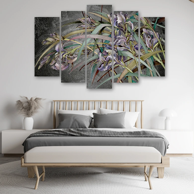 Leinwandbild 5 teilig, Iris Blumen im Wind 