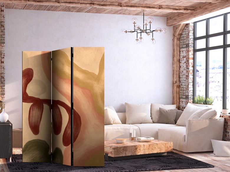 Paravent, Raumteiler freistehend, Trennwand - Worn Figures - Shapes in Lime Wash Technique in Warm Colors 