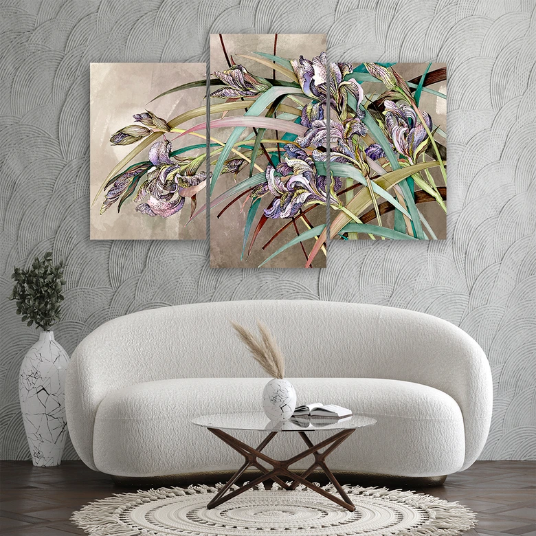 Leinwandbild 3 teilig, Iris Blumen im Wind 