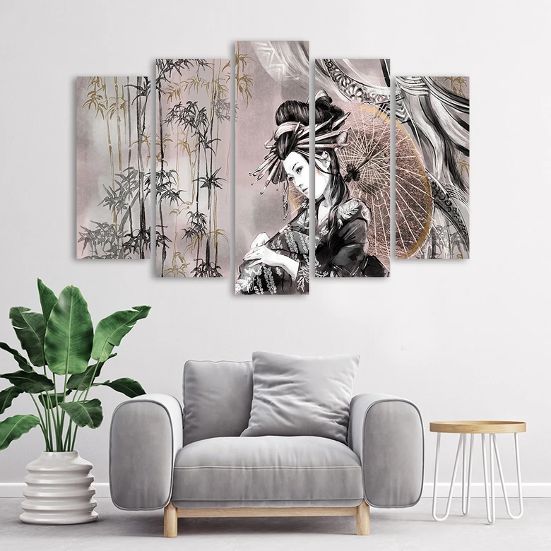 Lærred print 5 dele, geisha og bambus 