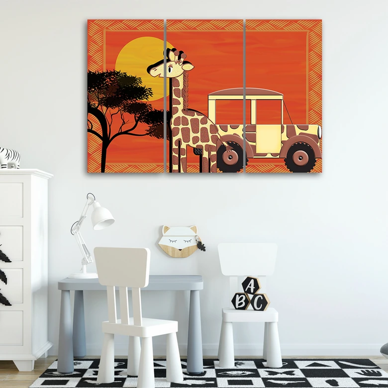 Leinwandbild 3-teilig, Giraffe Tiere Orange Kinder 