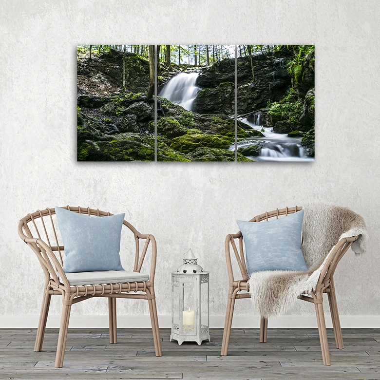 Leinwandbild 3-teilig, Wasserfall Wald Felsen 