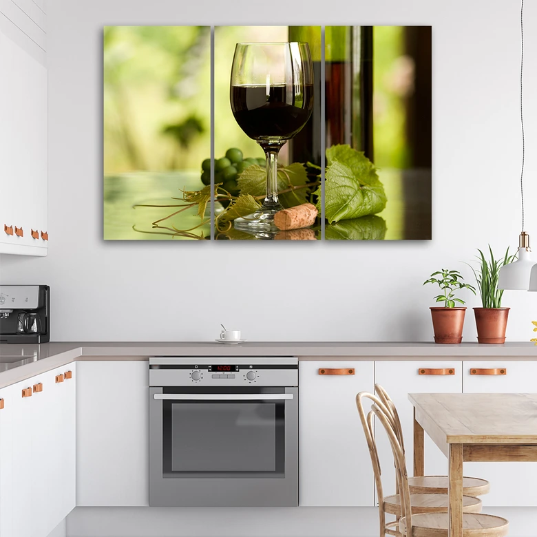 3-delige canvas print Rode wijnglas met druiven 