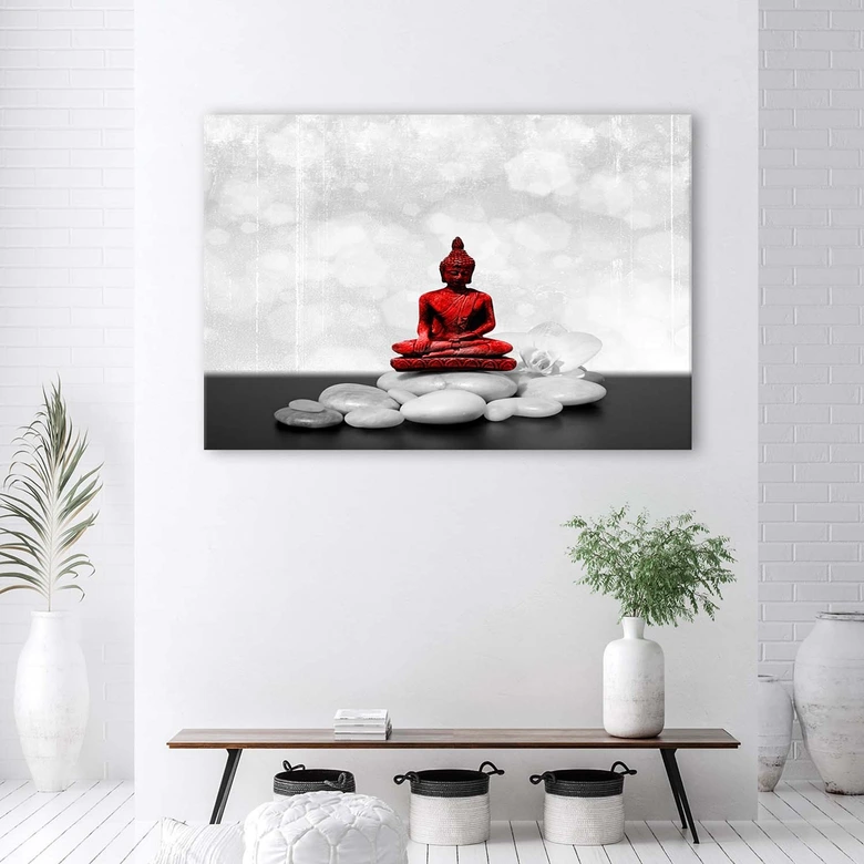 Leinwandbild, Roter Buddha auf Steinen 