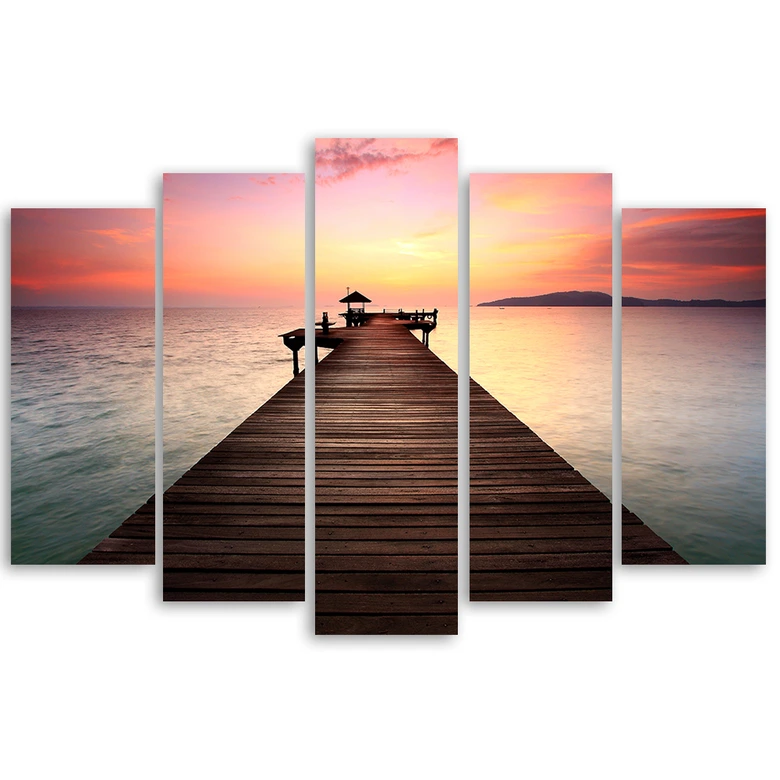 Tableau sur toile 5 pièces, Jetty Beach Sea Sunset 